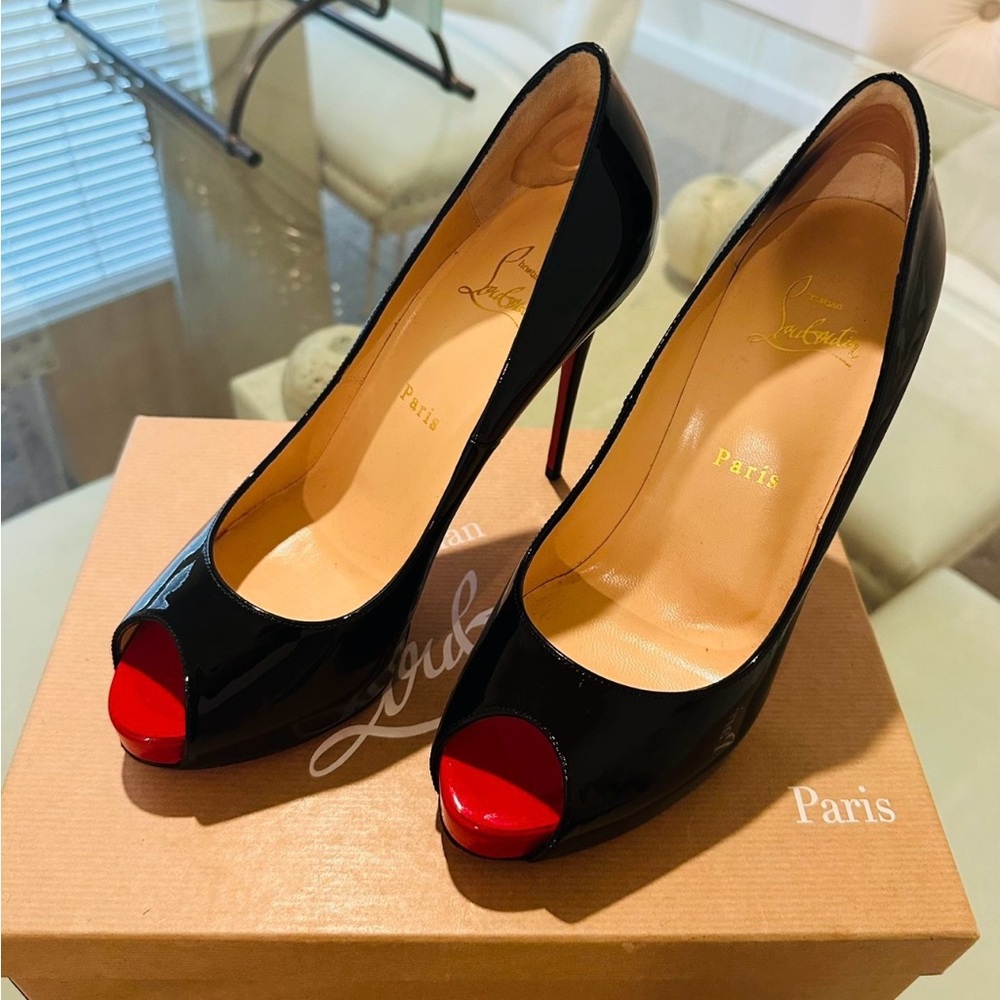 AUTHENTIC Christian Louboutin Glossy Black and Red Peep Toe. Protective coating.